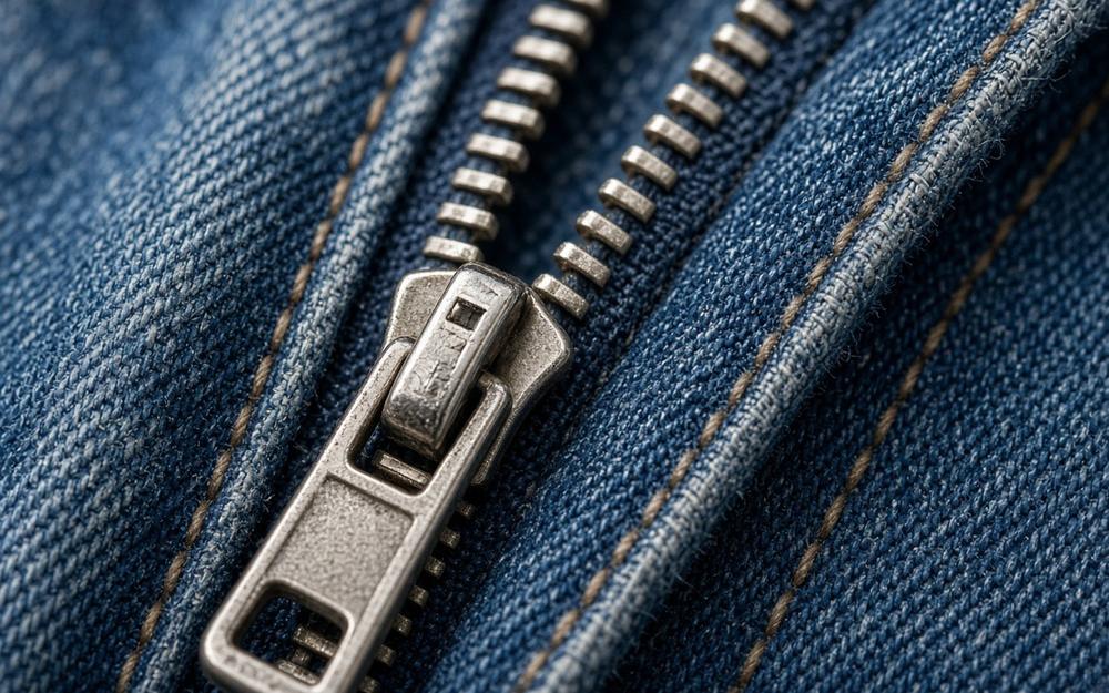 Close-up of a metal zipper on denim